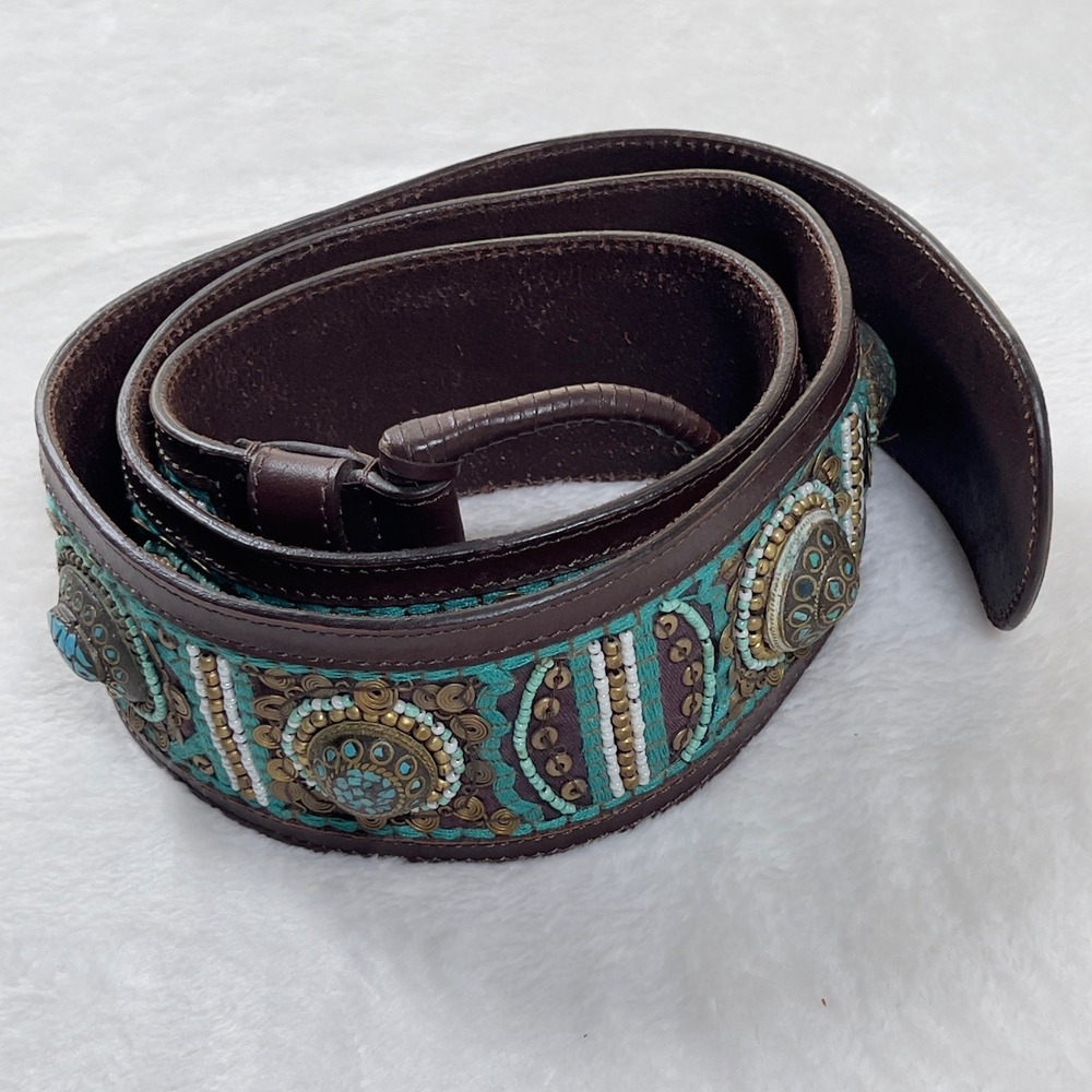 Chicos Turquoise‎ Beaded Thick Leather Belt Womens Sz L Brown Boho Medallion